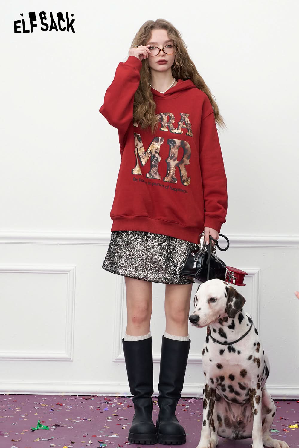 ELFSACK Retro red leopard print with fleece hoodie, Christmas loose casual top