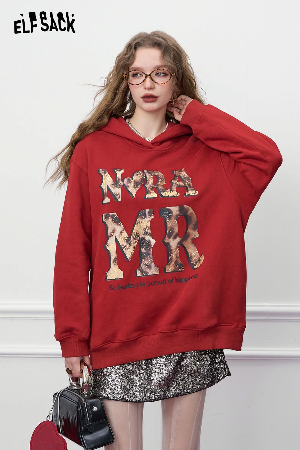 ELFSACK Retro red leopard print with fleece hoodie, Christmas loose casual top