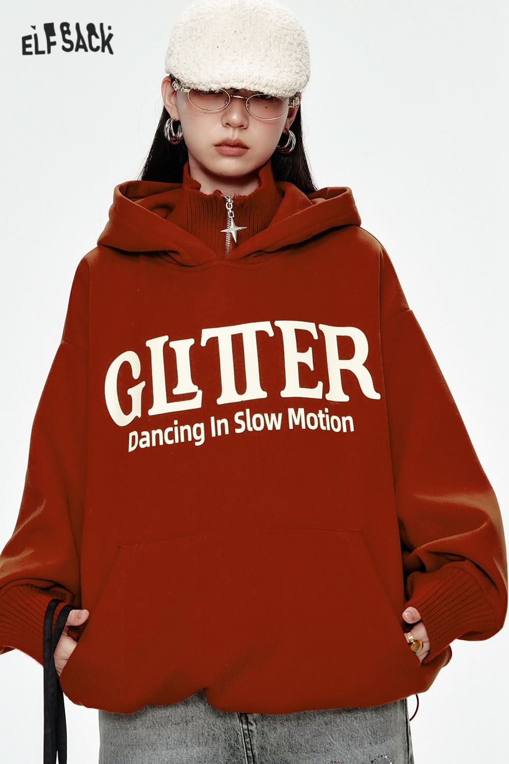 ELFSACK Red letter printing knitted collar stitching plus velvet hoodie women loose casual retro