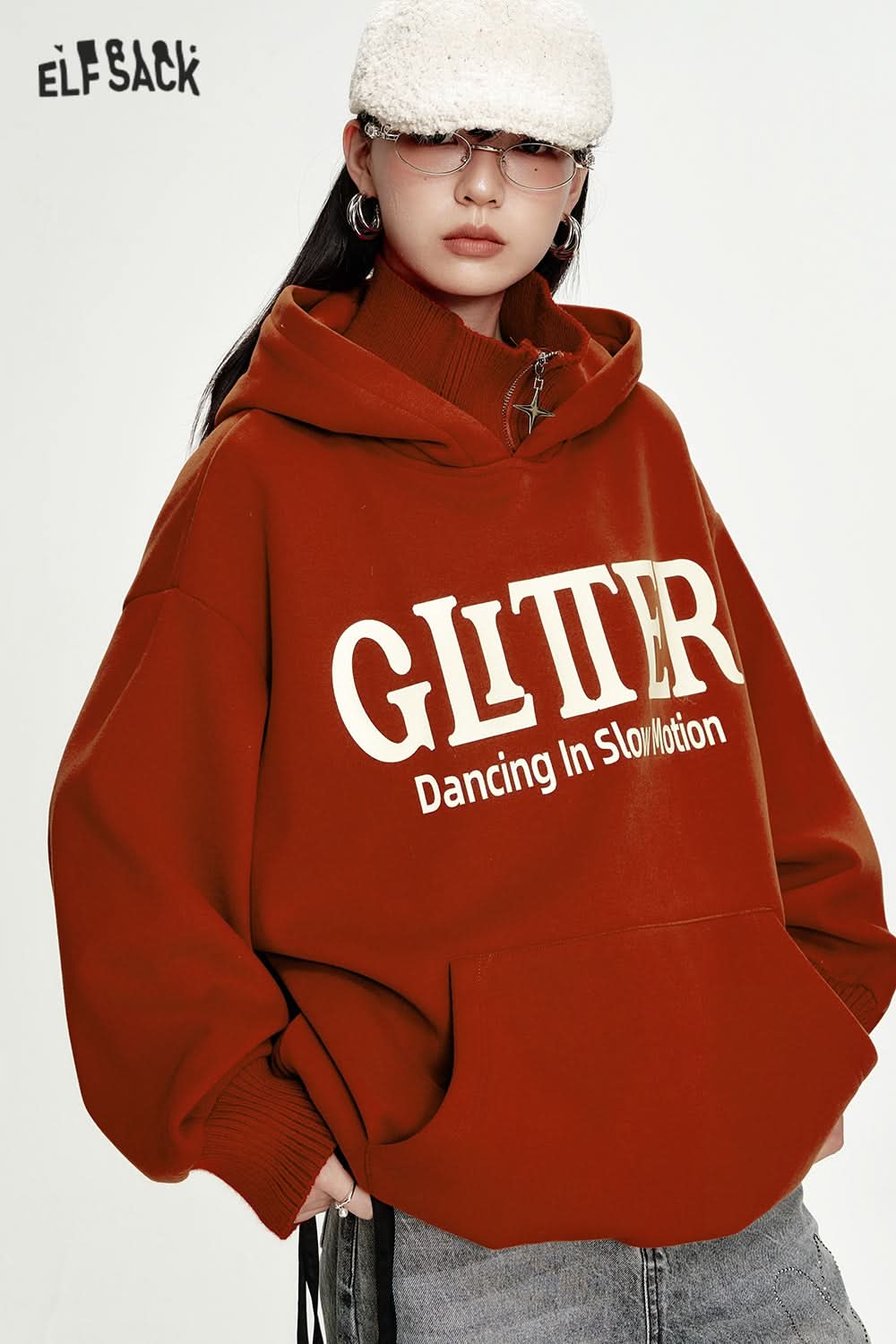 ELFSACK Red letter printing knitted collar stitching plus velvet hoodie women loose casual retro