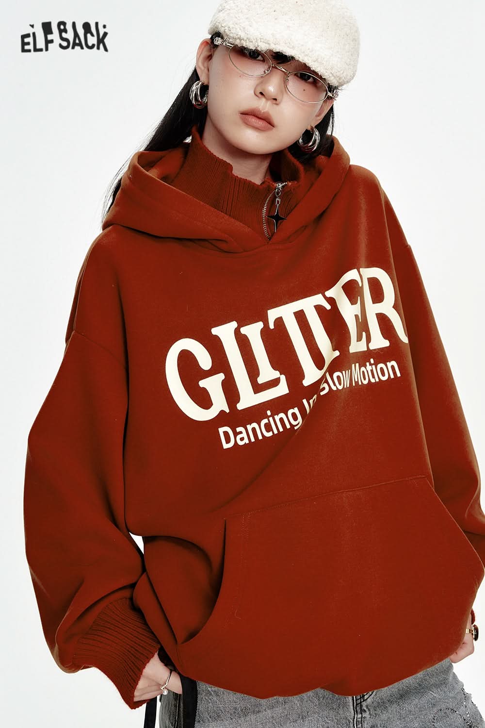 ELFSACK Red letter printing knitted collar stitching plus velvet hoodie women loose casual retro