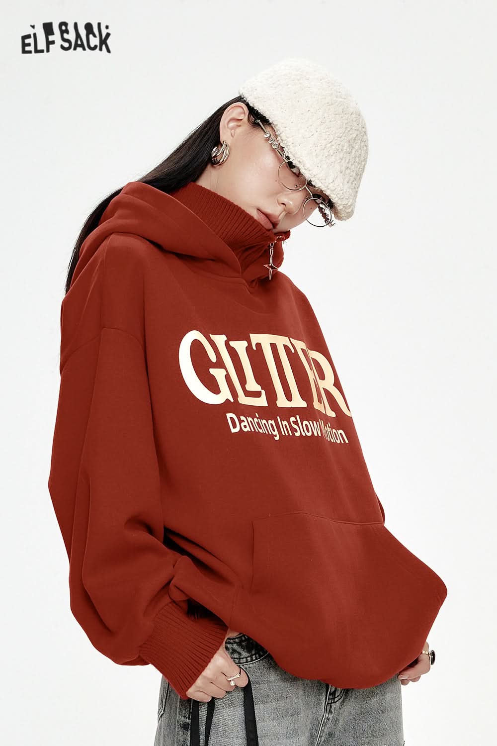 ELFSACK Red letter printing knitted collar stitching plus velvet hoodie women loose casual retro