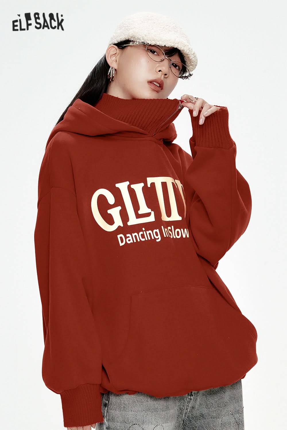 ELFSACK Red letter printing knitted collar stitching plus velvet hoodie women loose casual retro