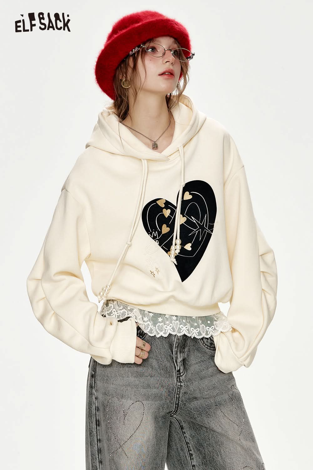 ELFSACK White Heart Lace Stitching Pearl Drawstring Short Plush Hoodie