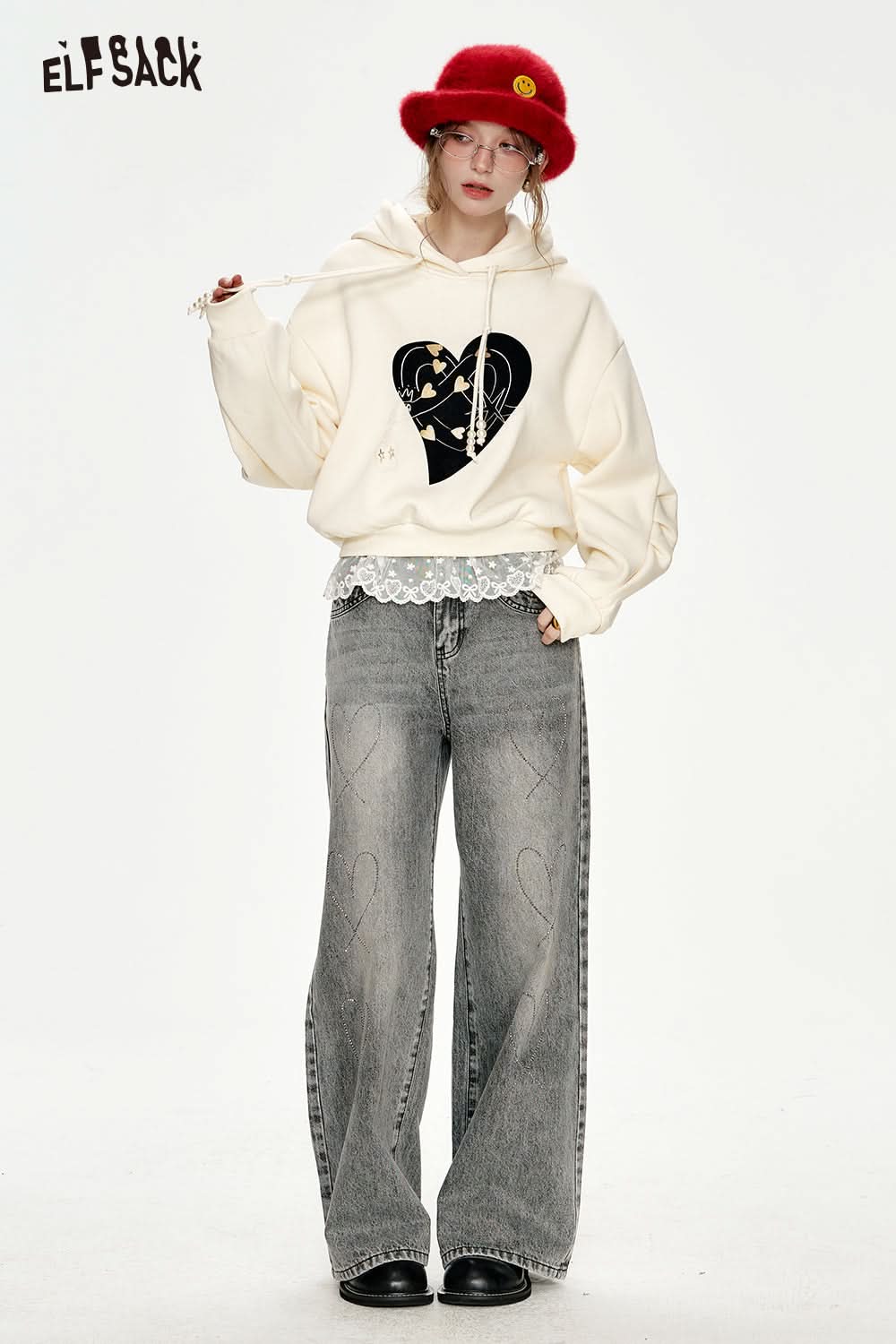 ELFSACK White Heart Lace Stitching Pearl Drawstring Short Plush Hoodie
