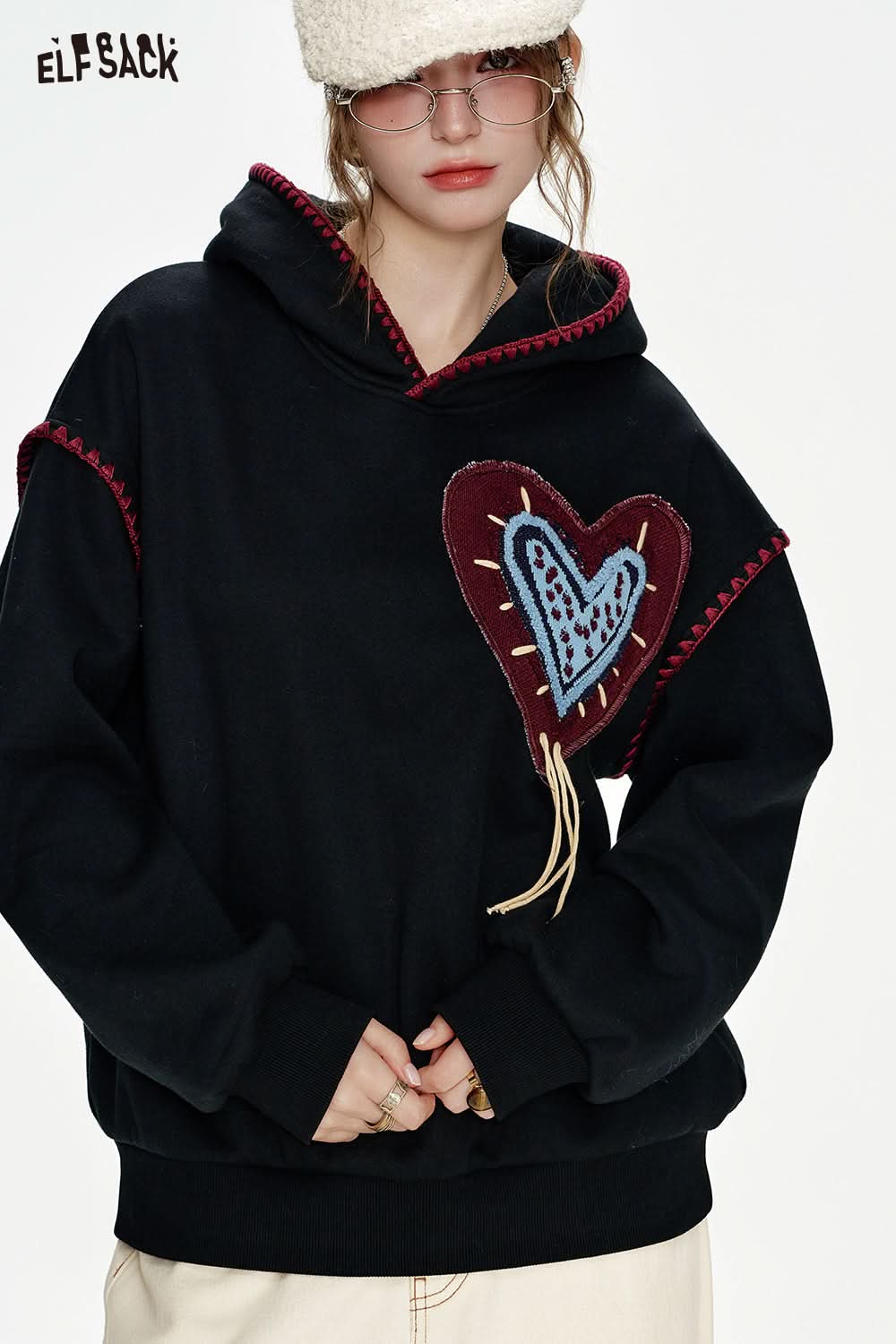 ELFSACK White Heart Jacquard Shell Thread Hooded Plush Hoodie
