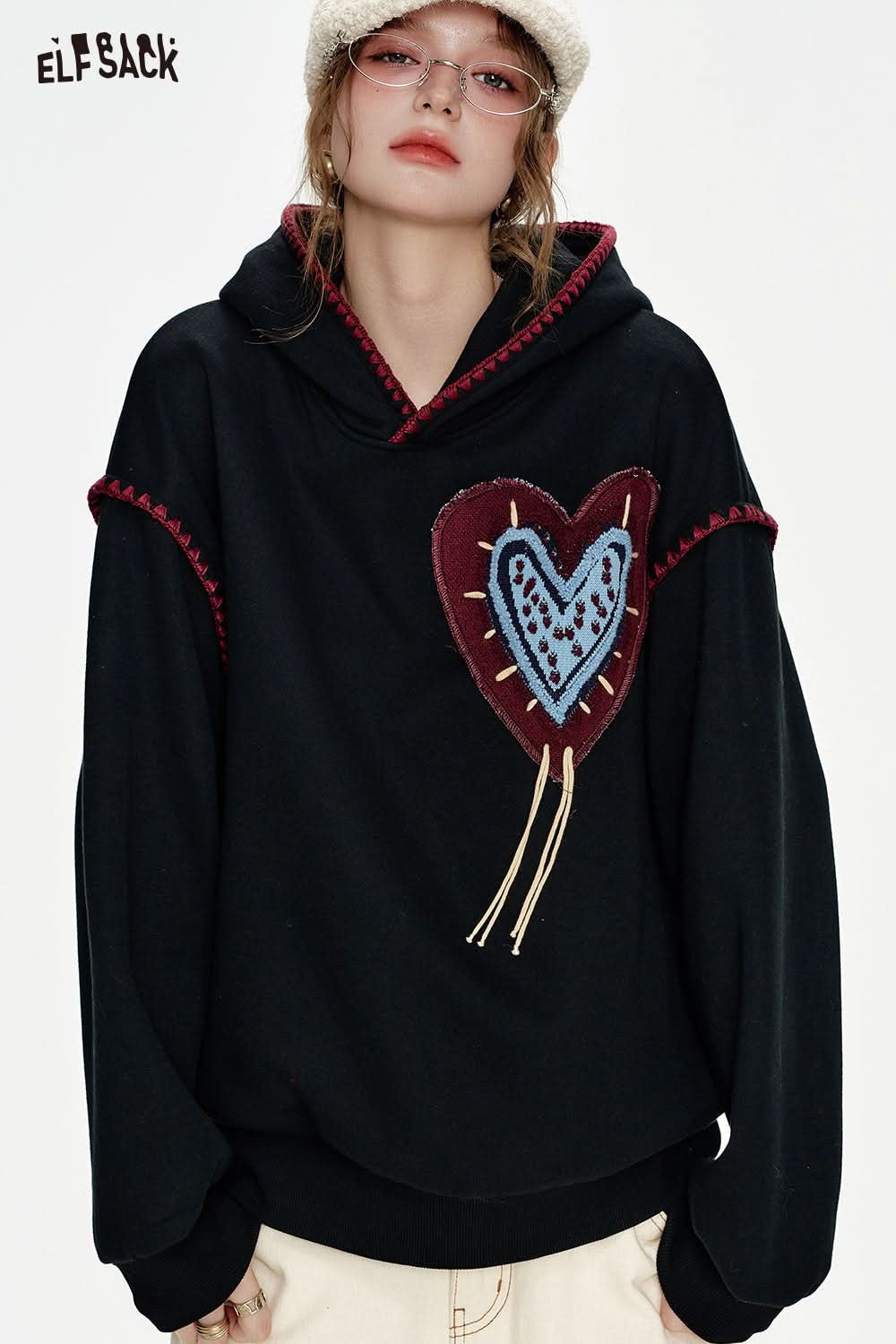 ELFSACK White Heart Jacquard Shell Thread Hooded Plush Hoodie