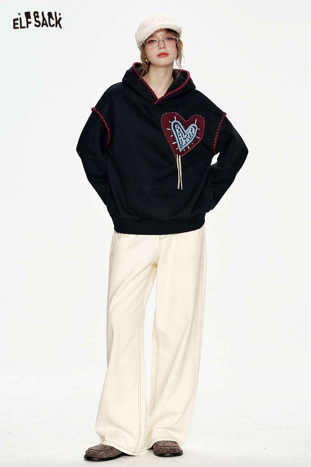 ELFSACK White Heart Jacquard Shell Thread Hooded Plush Hoodie