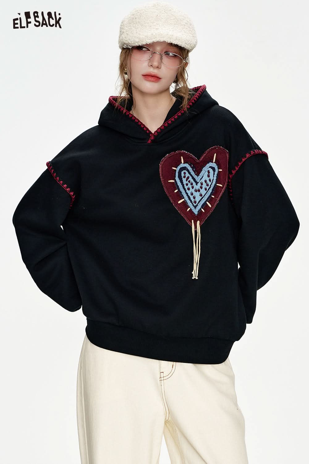 ELFSACK White Heart Jacquard Shell Thread Hooded Plush Hoodie