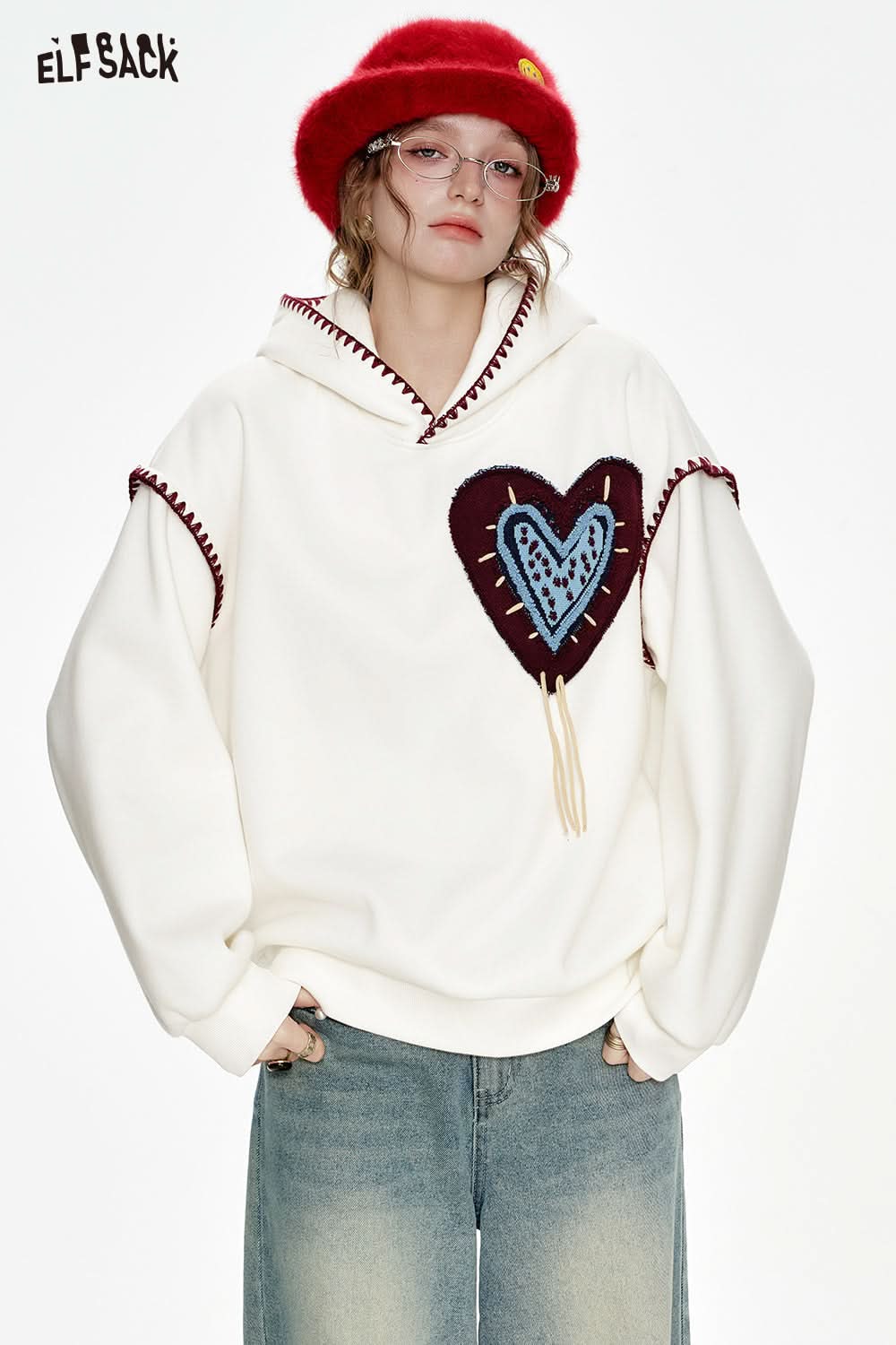 ELFSACK White Heart Jacquard Shell Thread Hooded Plush Hoodie