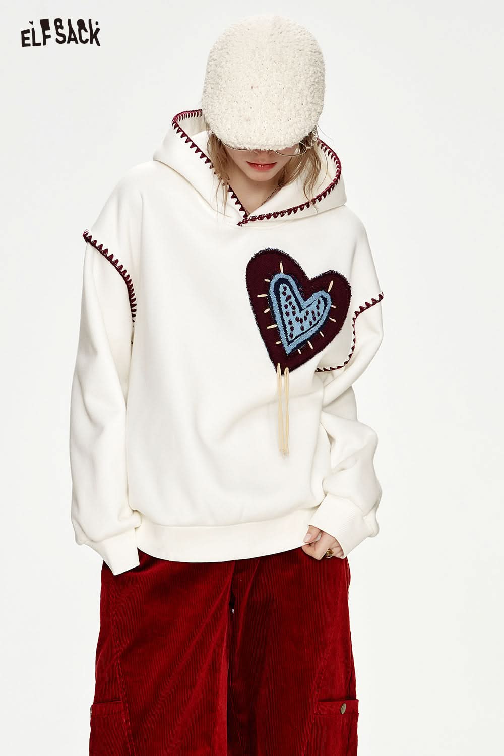 ELFSACK White Heart Jacquard Shell Thread Hooded Plush Hoodie