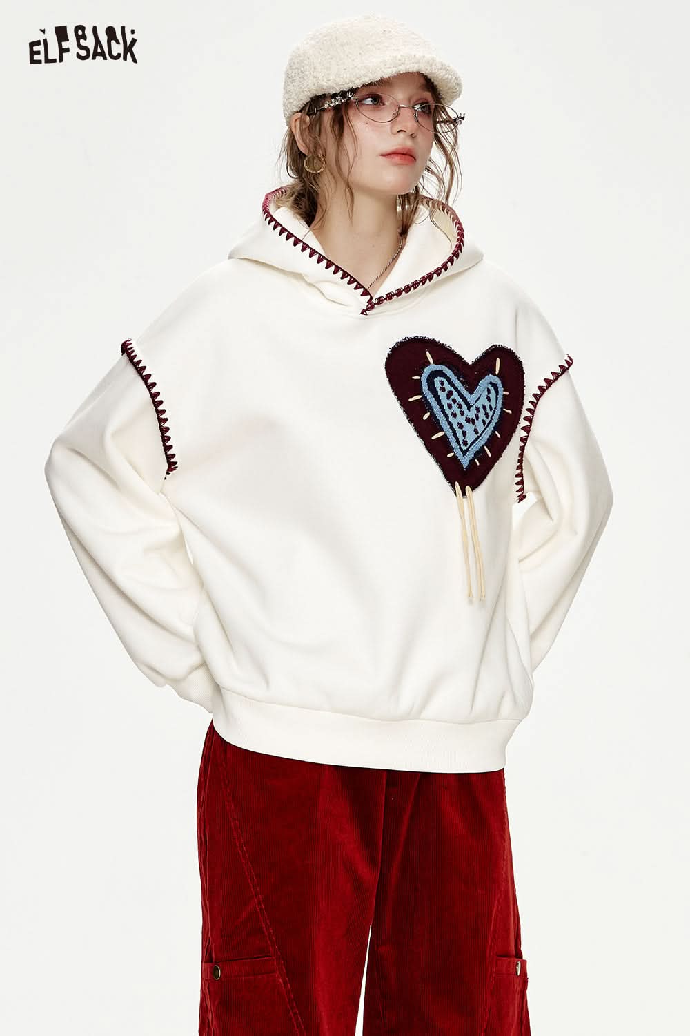 ELFSACK White Heart Jacquard Shell Thread Hooded Plush Hoodie