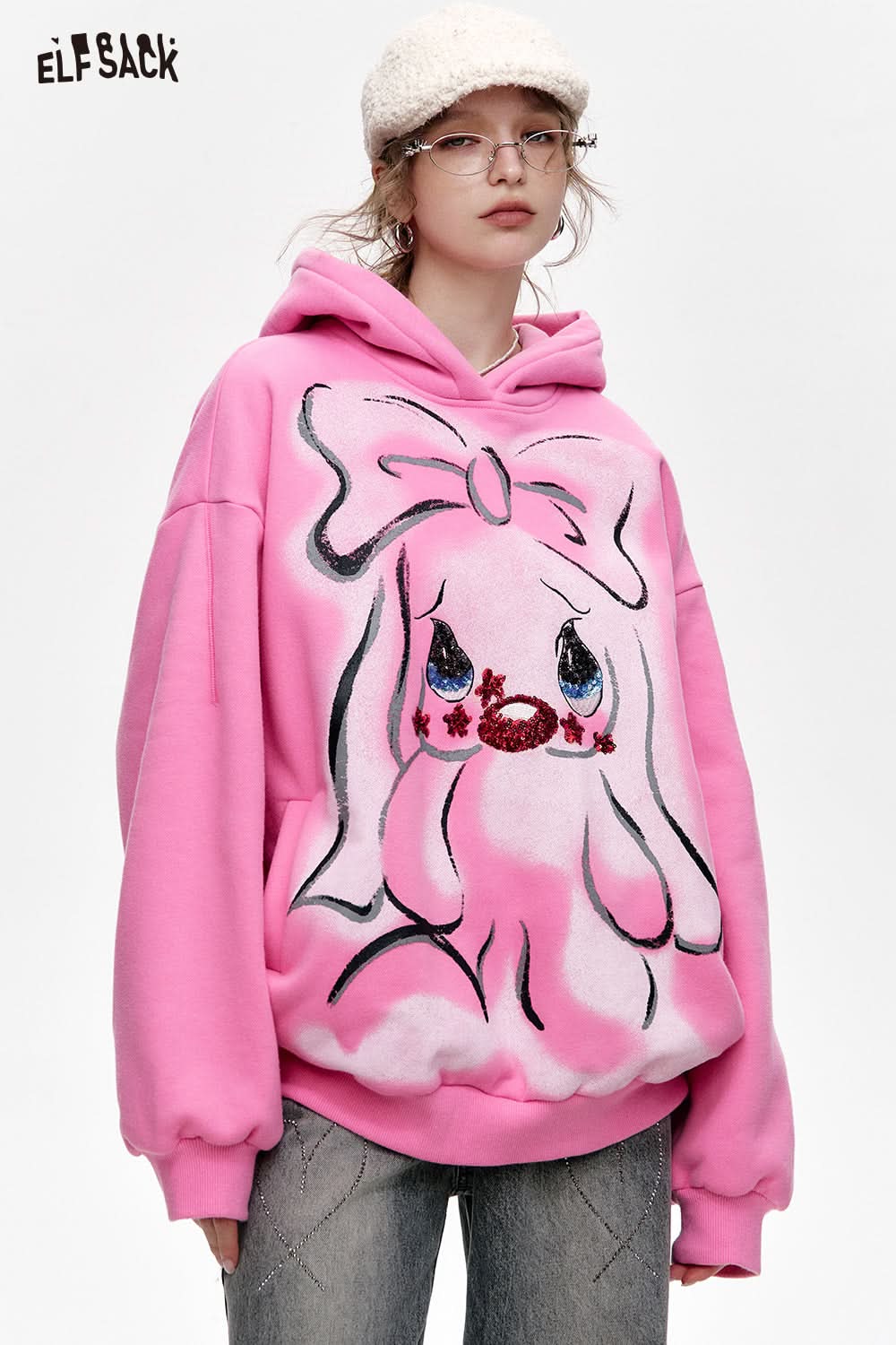 ELFSACK Y2K Pink Cartoon Rabbit Printed Hoodie with Velvet