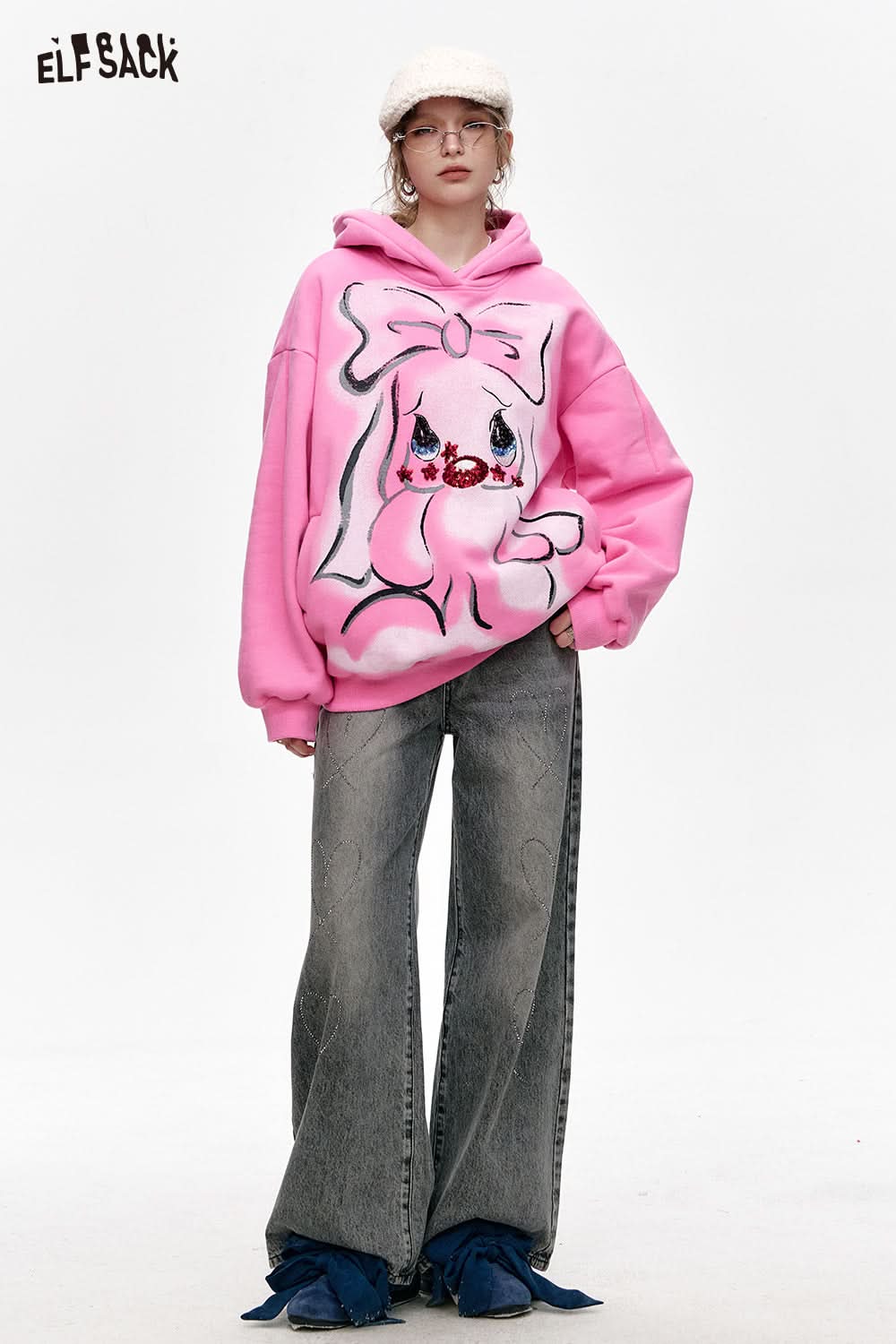 ELFSACK Y2K Pink Cartoon Rabbit Printed Hoodie with Velvet