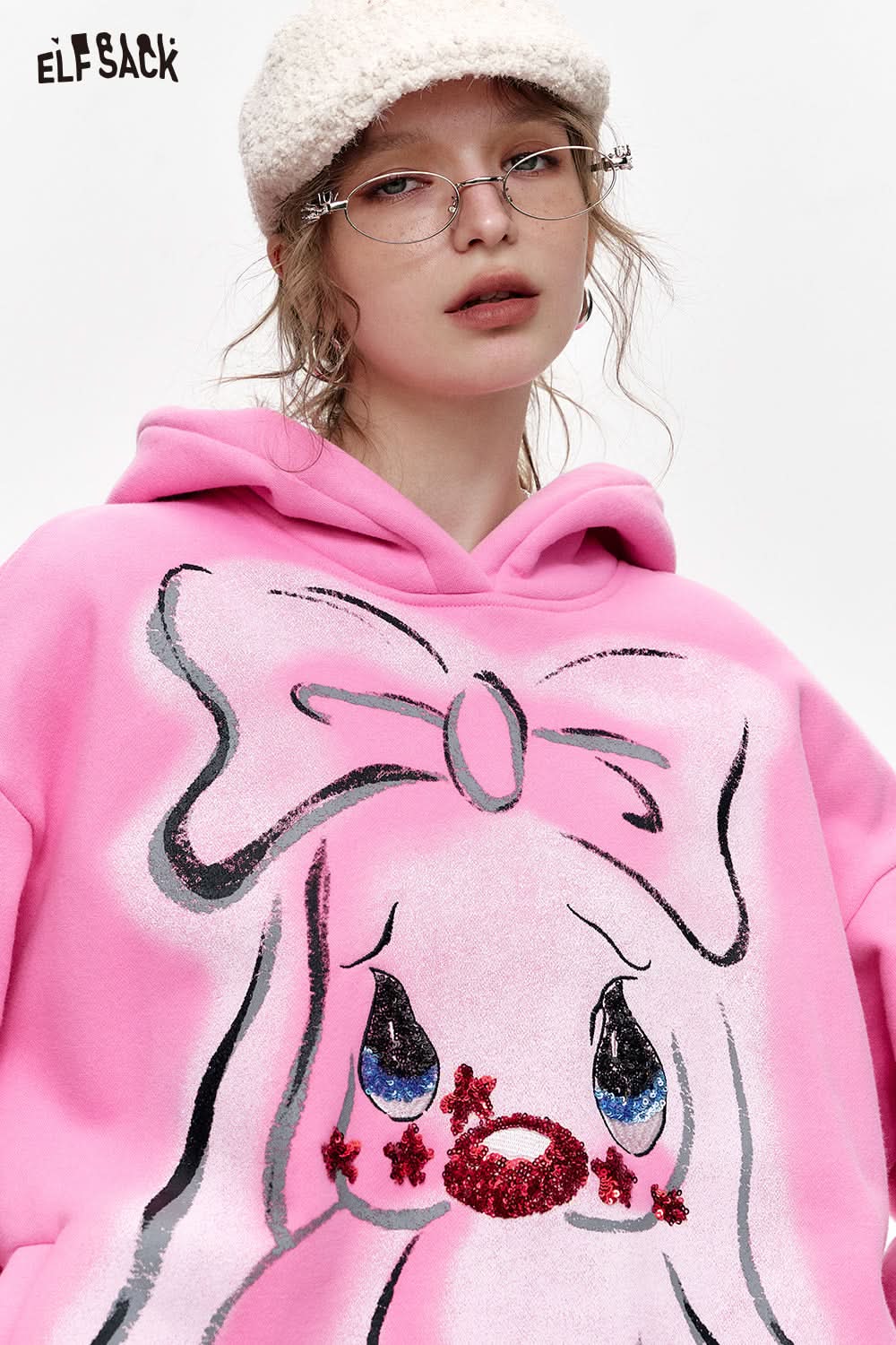 ELFSACK Y2K Pink Cartoon Rabbit Printed Hoodie with Velvet
