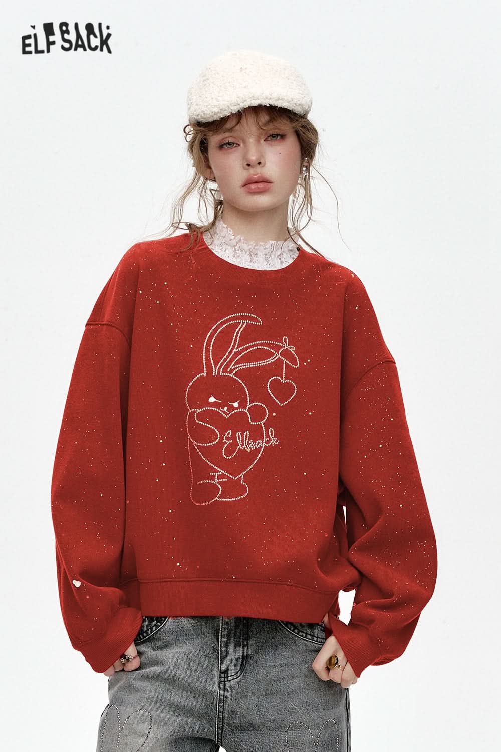 ELFSACK Round neck loose year red plus velvet sweatshirt