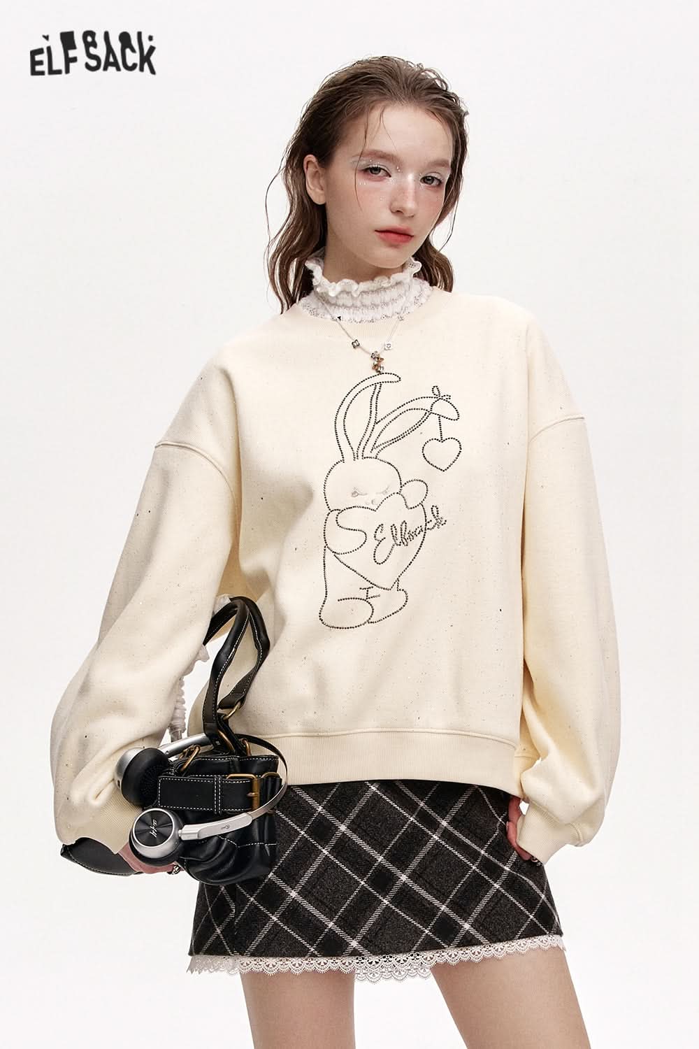 ELFSACK Round neck loose year red plus velvet sweatshirt
