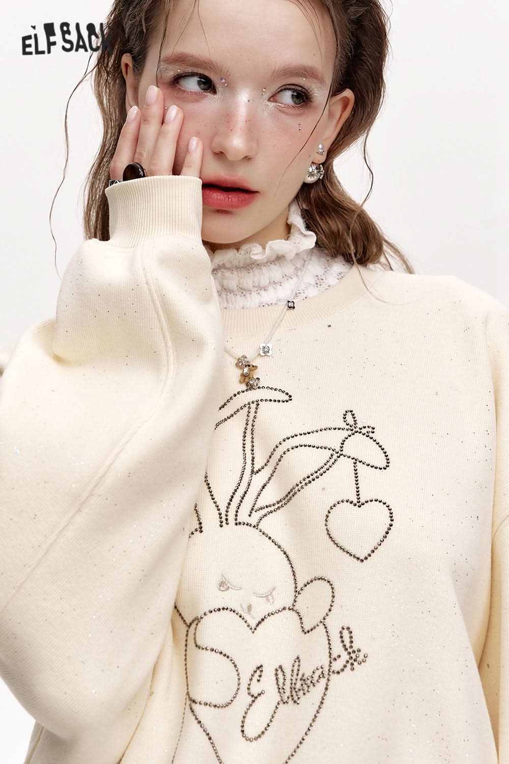 ELFSACK Round neck loose year red plus velvet sweatshirt