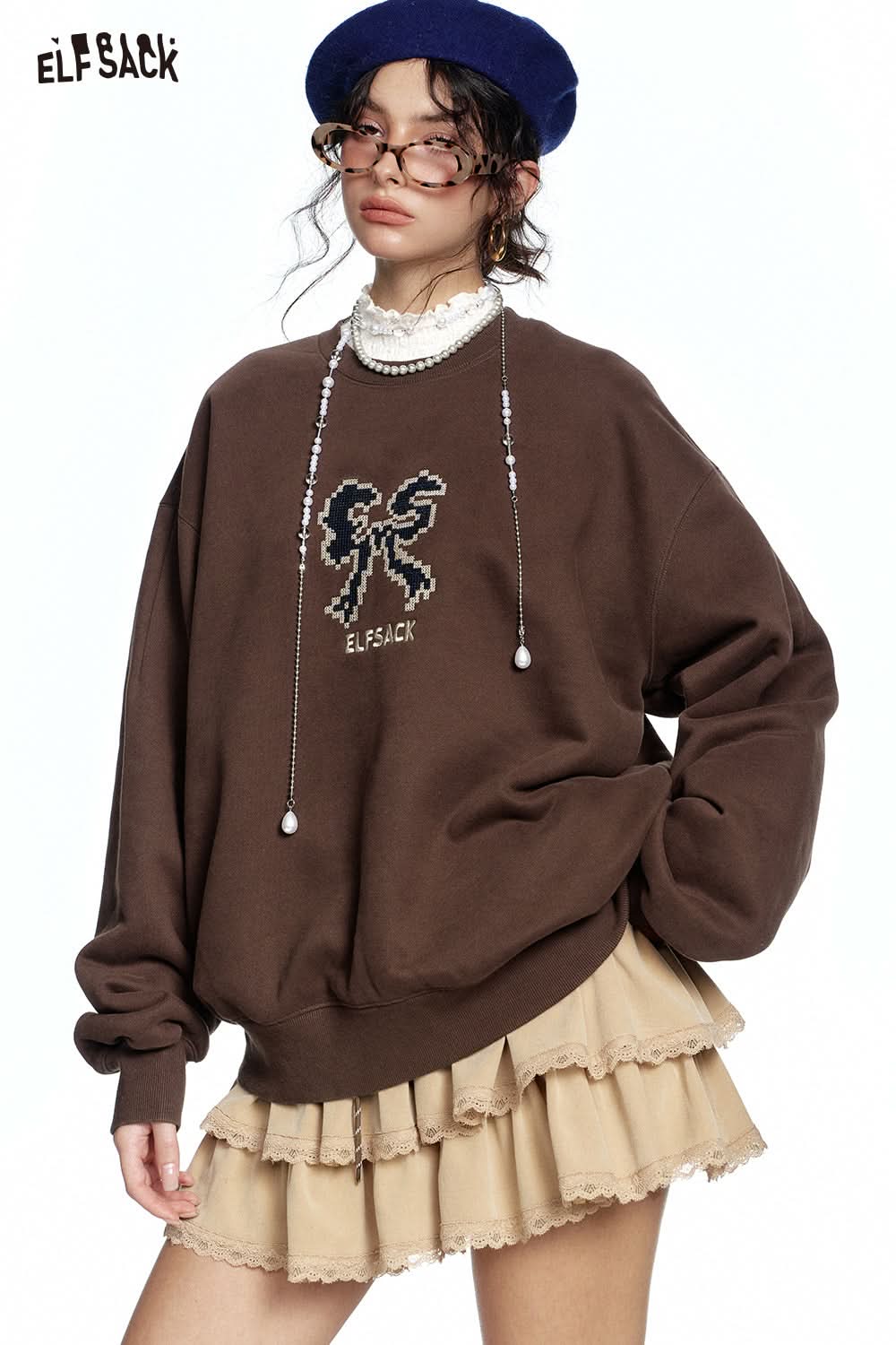 ELFSACK Bow print with velvet sweatshirt