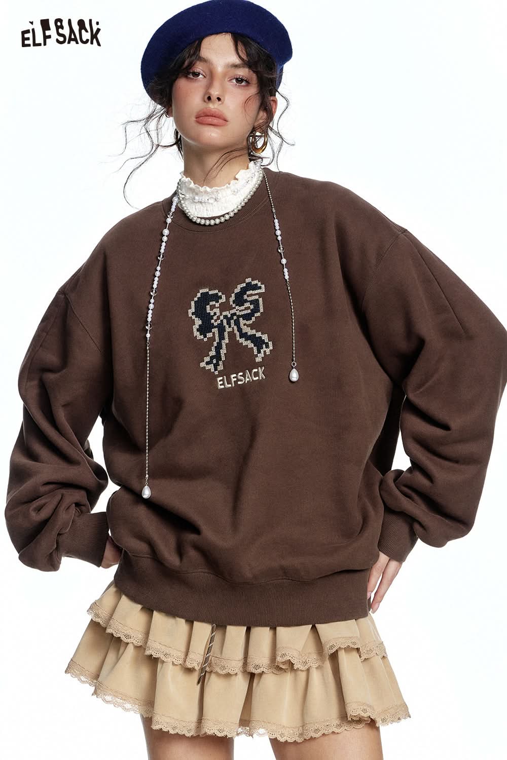 ELFSACK Bow print with velvet sweatshirt