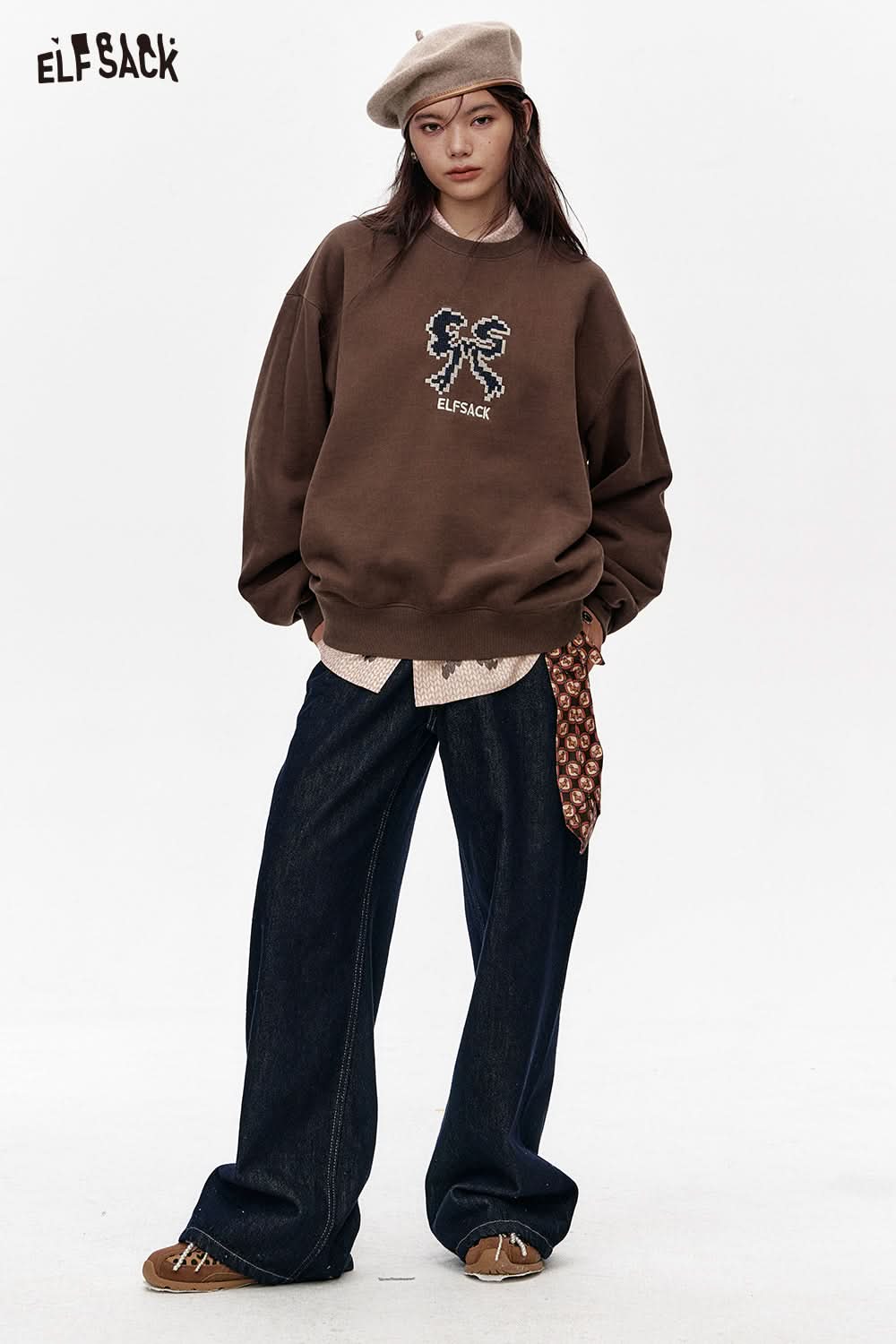 ELFSACK Bow print with velvet sweatshirt