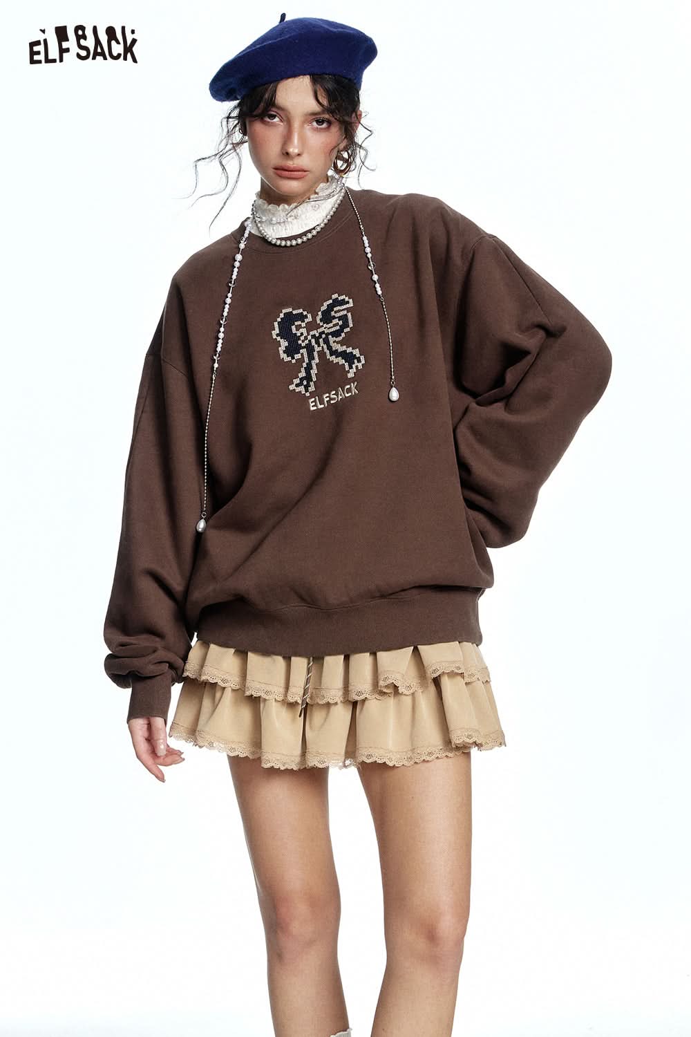 ELFSACK Bow print with velvet sweatshirt