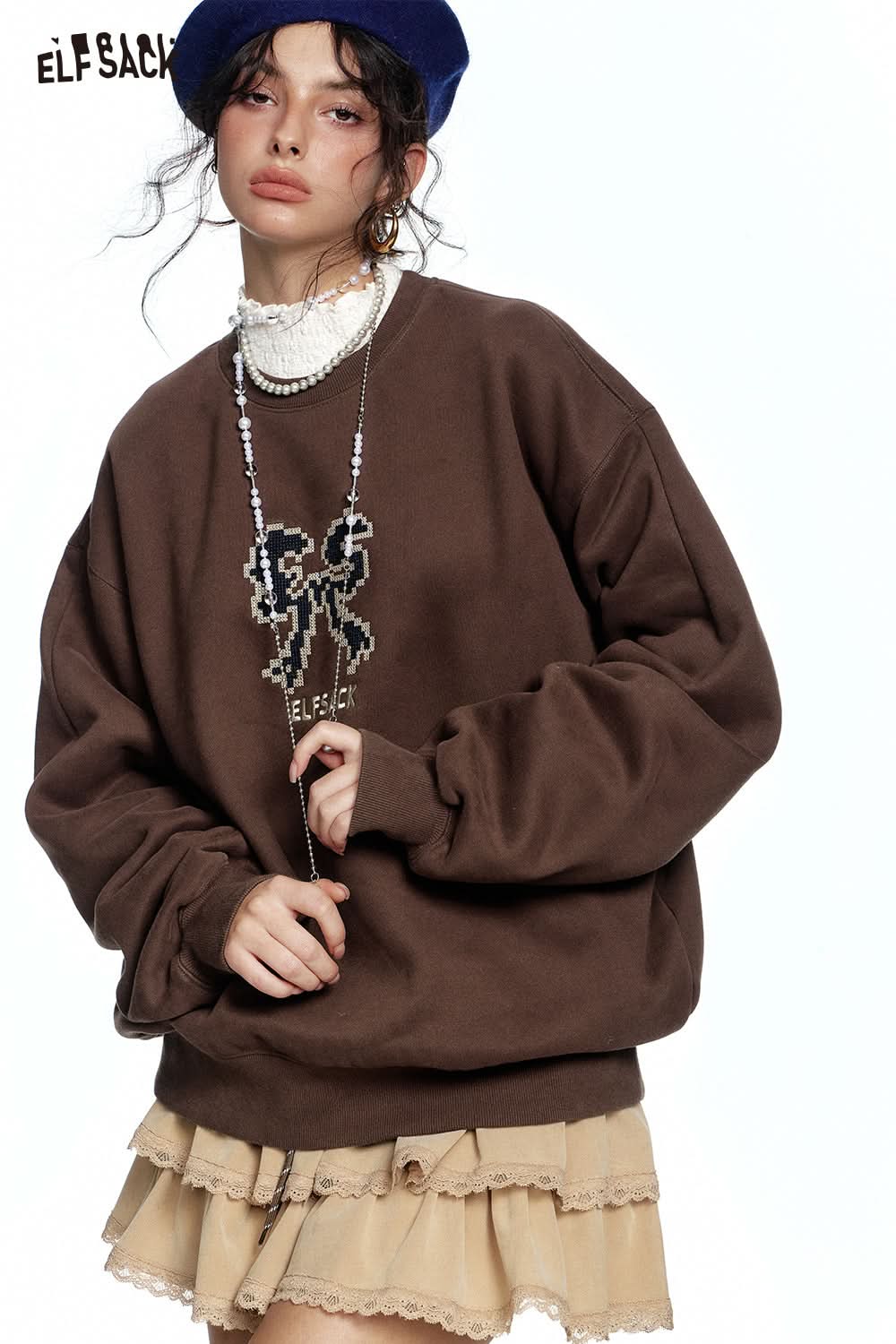 ELFSACK Bow print with velvet sweatshirt