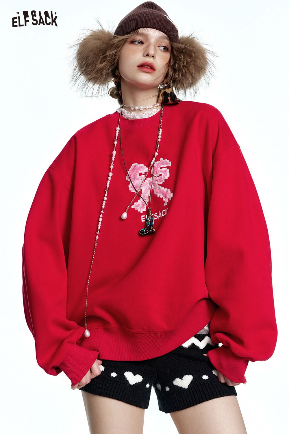 ELFSACK Bow print with velvet sweatshirt