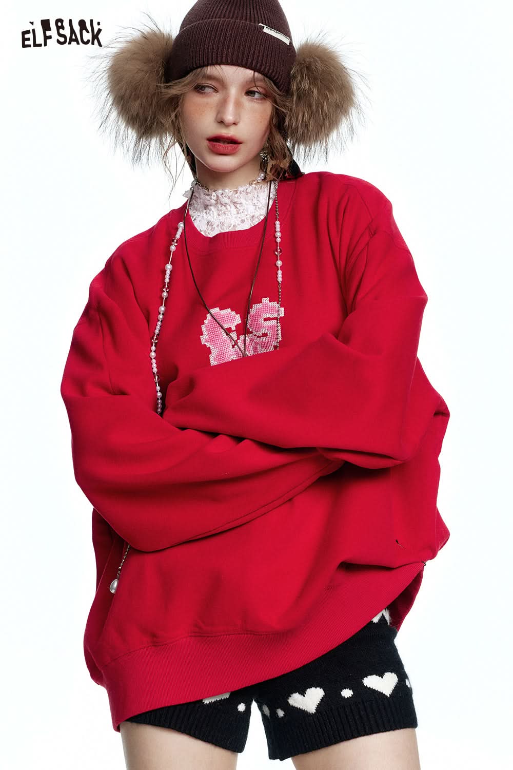 ELFSACK Bow print with velvet sweatshirt