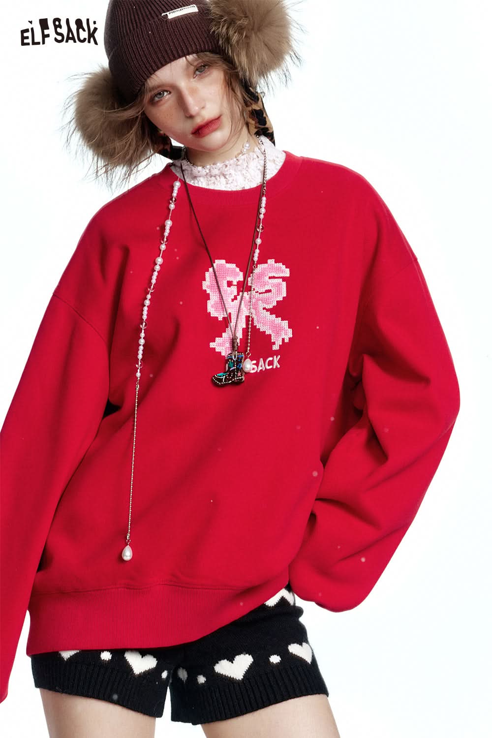 ELFSACK Bow print with velvet sweatshirt