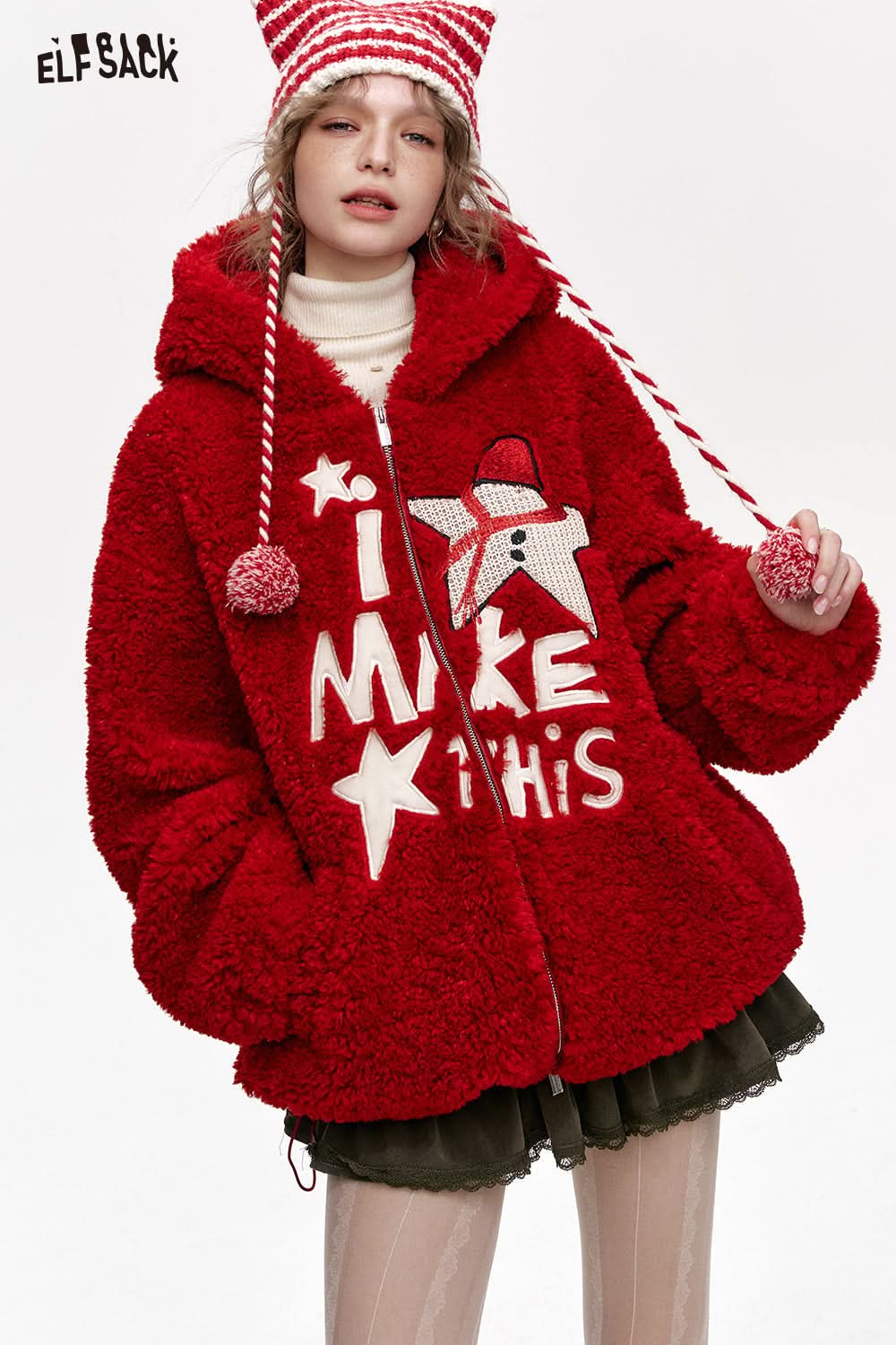 ELFSACK Plush Red Star Letters Hooded Short Jacket Women