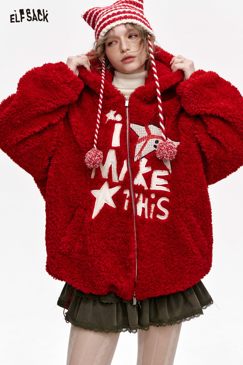 ELFSACK Plush Red Star Letters Hooded Short Jacket Women