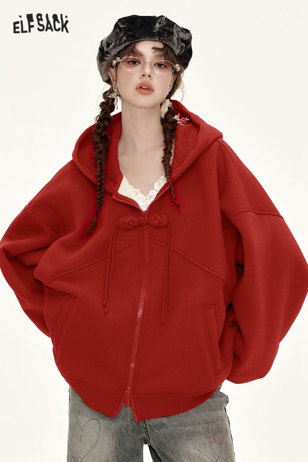 ELFSACK neo-Chinese style button red hooded sweatshirt cardigan women