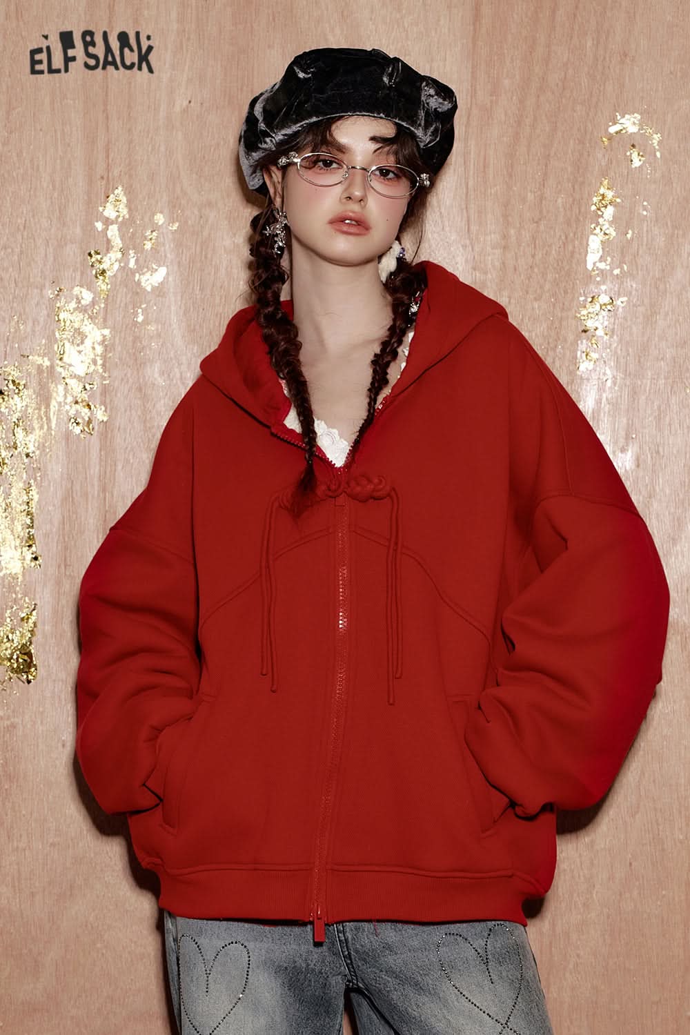 ELFSACK neo-Chinese style button red hooded sweatshirt cardigan women
