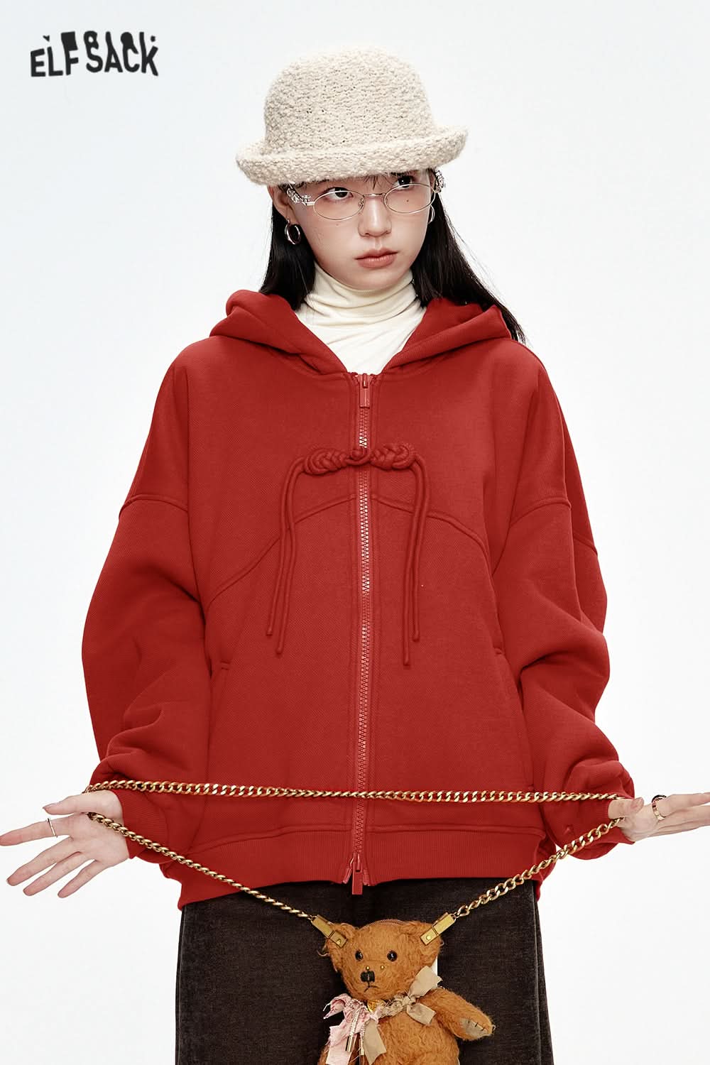 ELFSACK neo-Chinese style button red hooded sweatshirt cardigan women