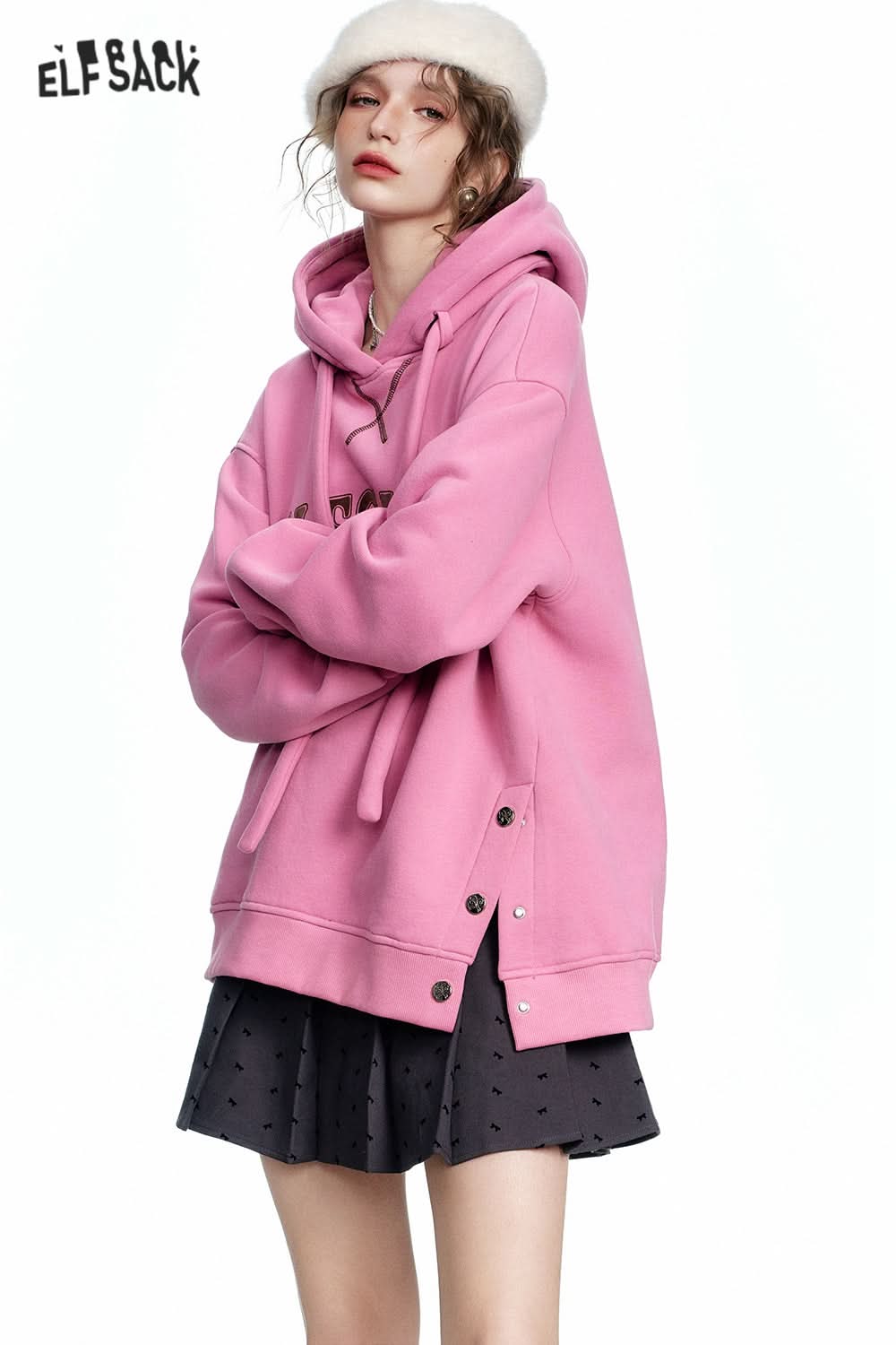 ELFSACK Casual Red Letter Slit Plush Hoodie