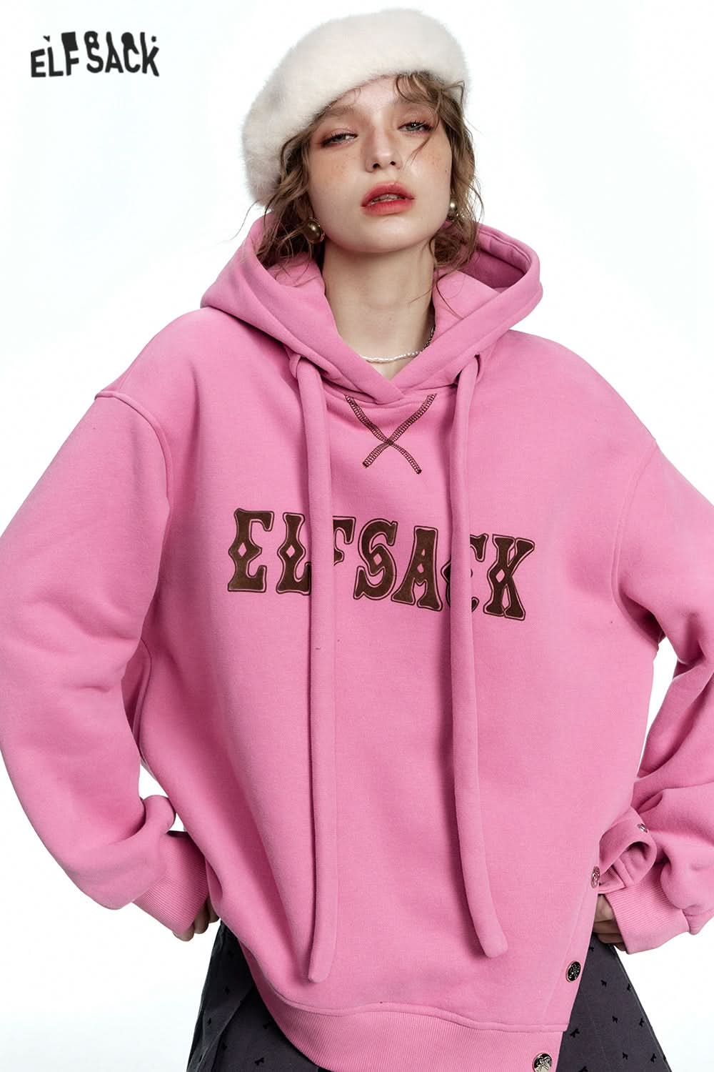 ELFSACK Casual Red Letter Slit Plush Hoodie