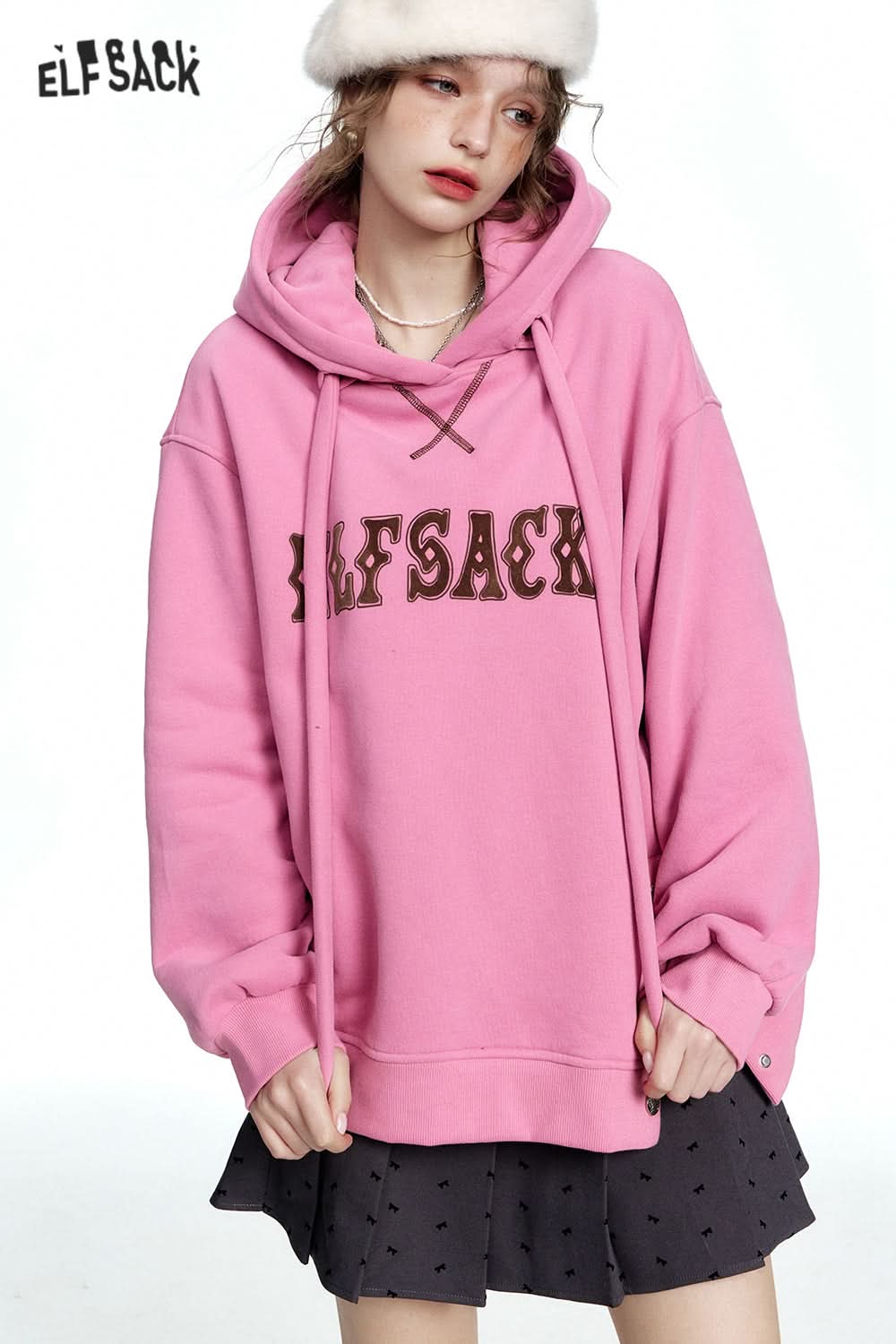 ELFSACK Casual Red Letter Slit Plush Hoodie