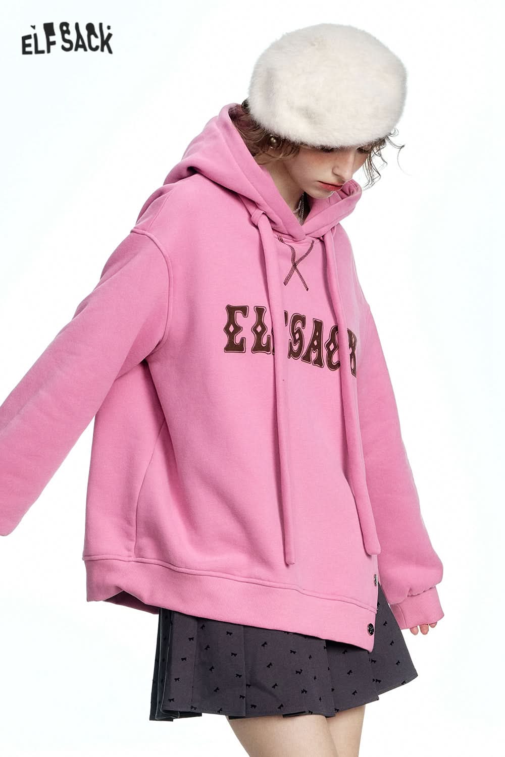 ELFSACK Casual Red Letter Slit Plush Hoodie