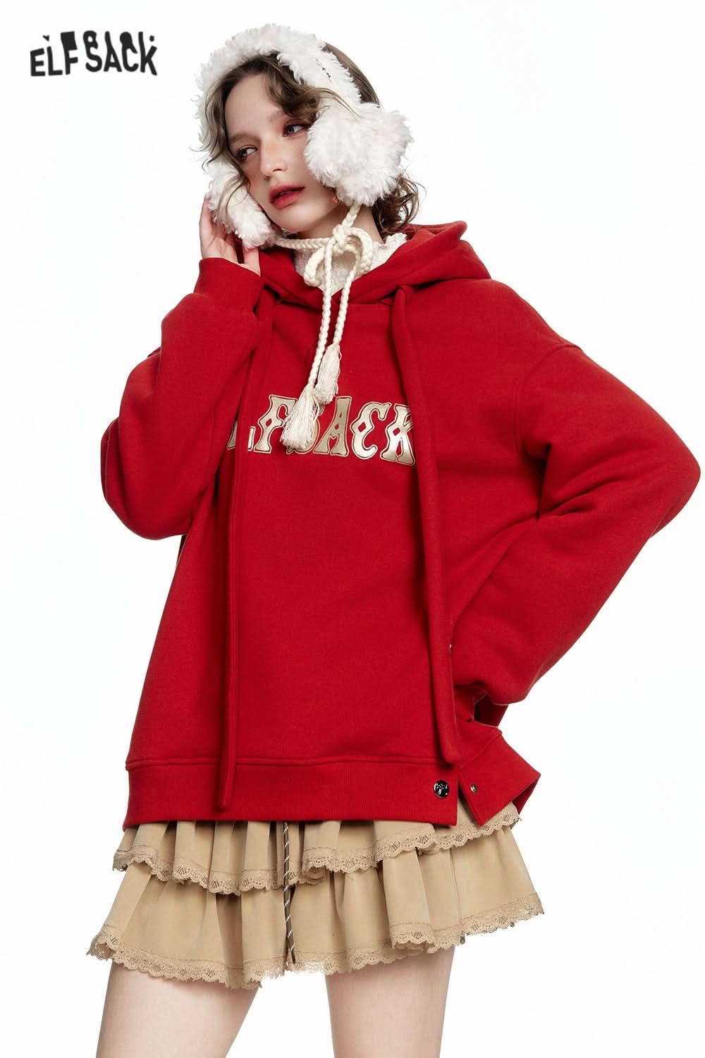 ELFSACK Casual Red Letter Slit Plush Hoodie