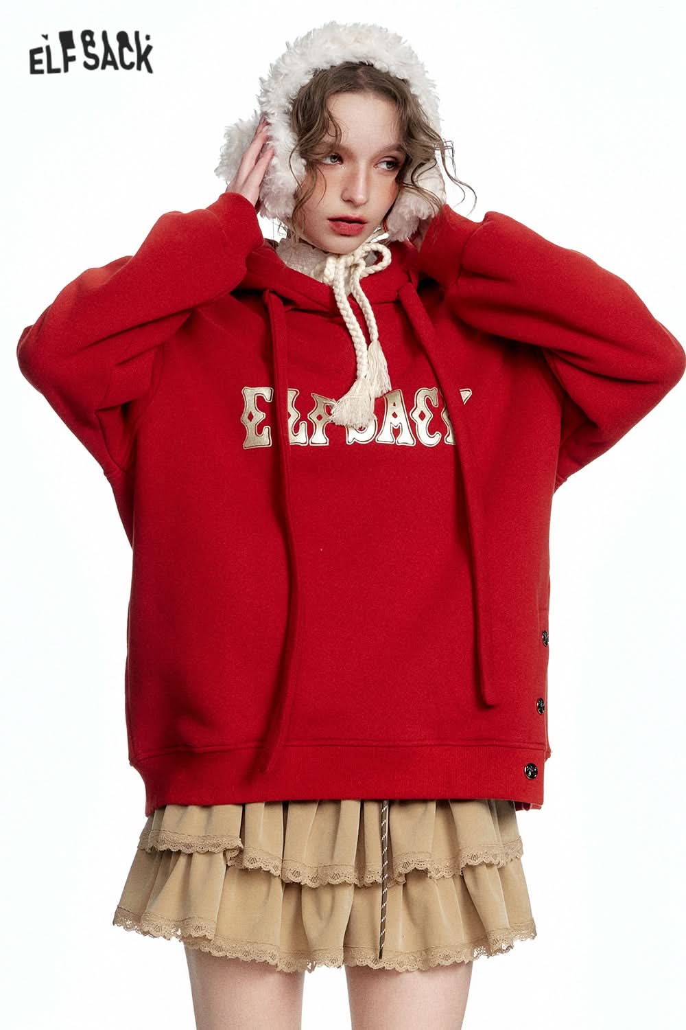 ELFSACK Casual Red Letter Slit Plush Hoodie
