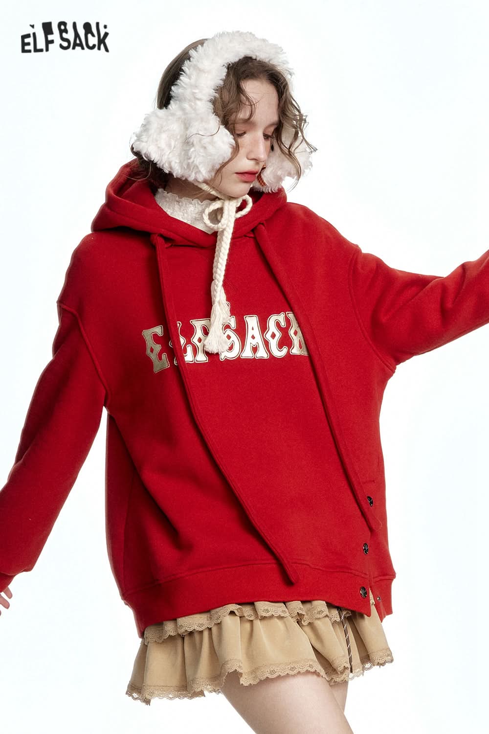 ELFSACK Casual Red Letter Slit Plush Hoodie