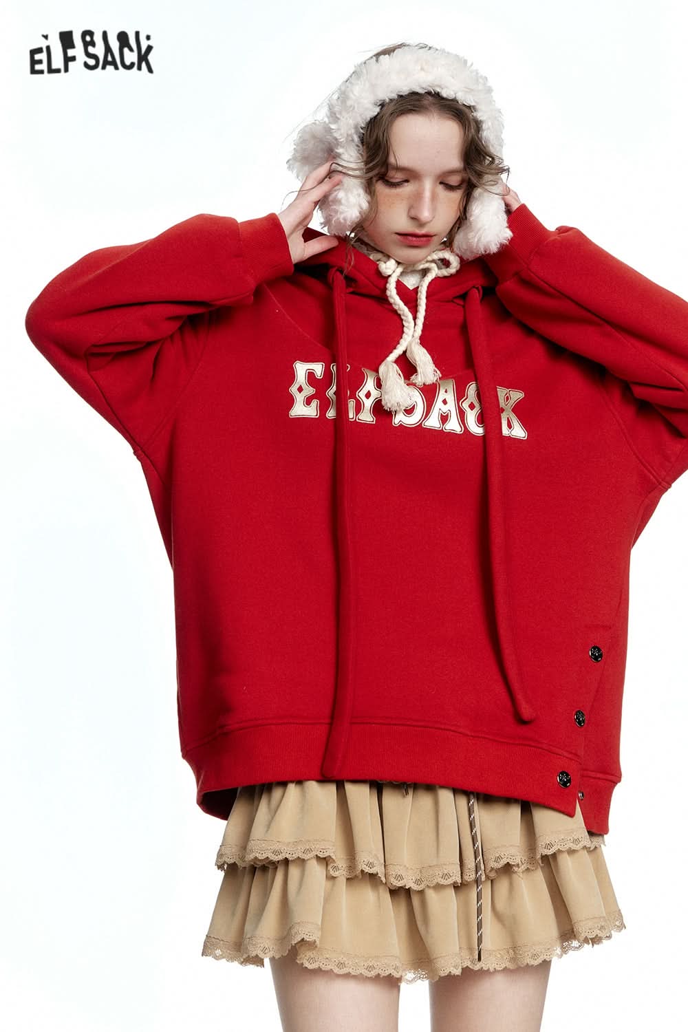 ELFSACK Casual Red Letter Slit Plush Hoodie
