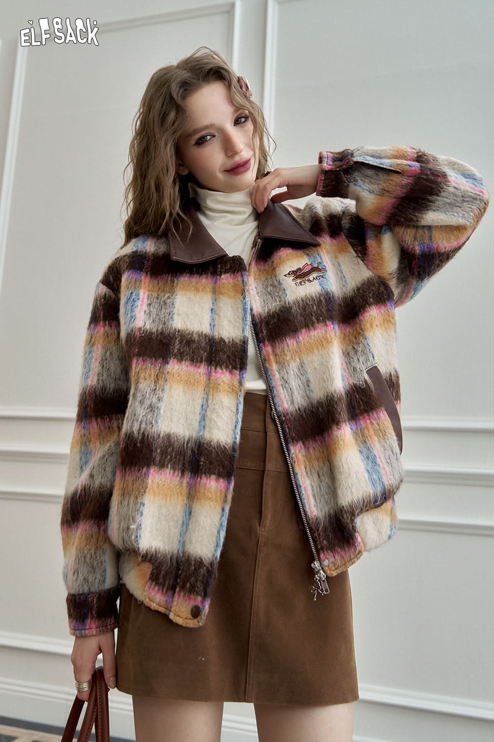 ELFSACK Retro plaid PU patchwork plush jacket, Preppy Style jacket