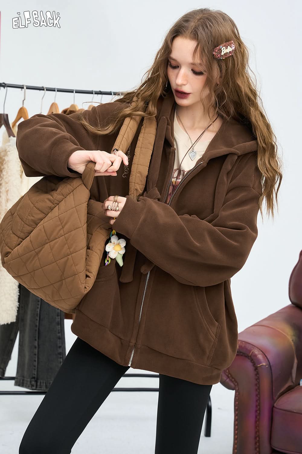 ELFSACK American hooded sweatshirt jacket, women's double-sided velvet creative sticker