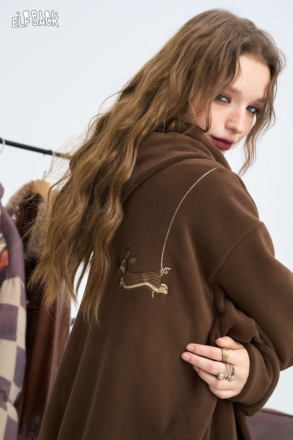 ELFSACK American hooded sweatshirt jacket, women's double-sided velvet creative sticker