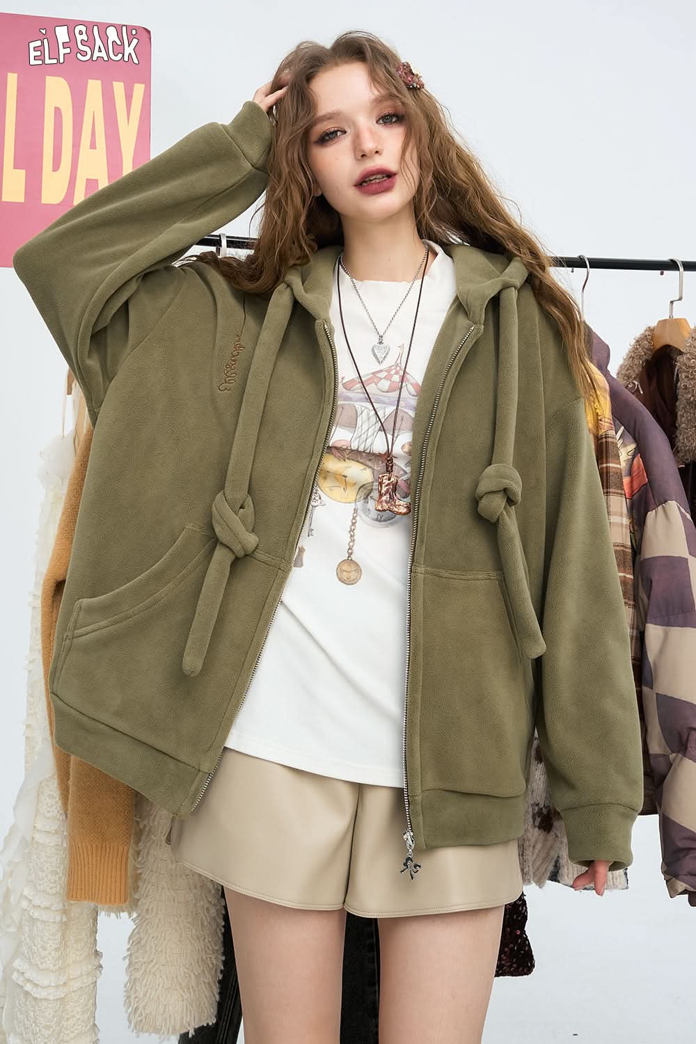 ELFSACK American hooded sweatshirt jacket, women's double-sided velvet creative sticker