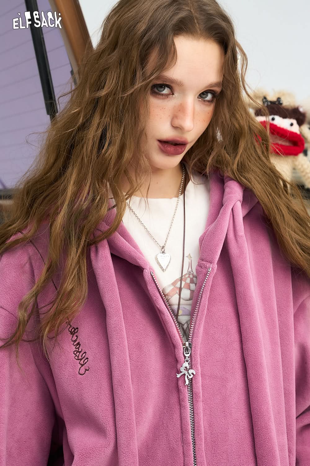 ELFSACK American hooded sweatshirt jacket, women's double-sided velvet creative sticker