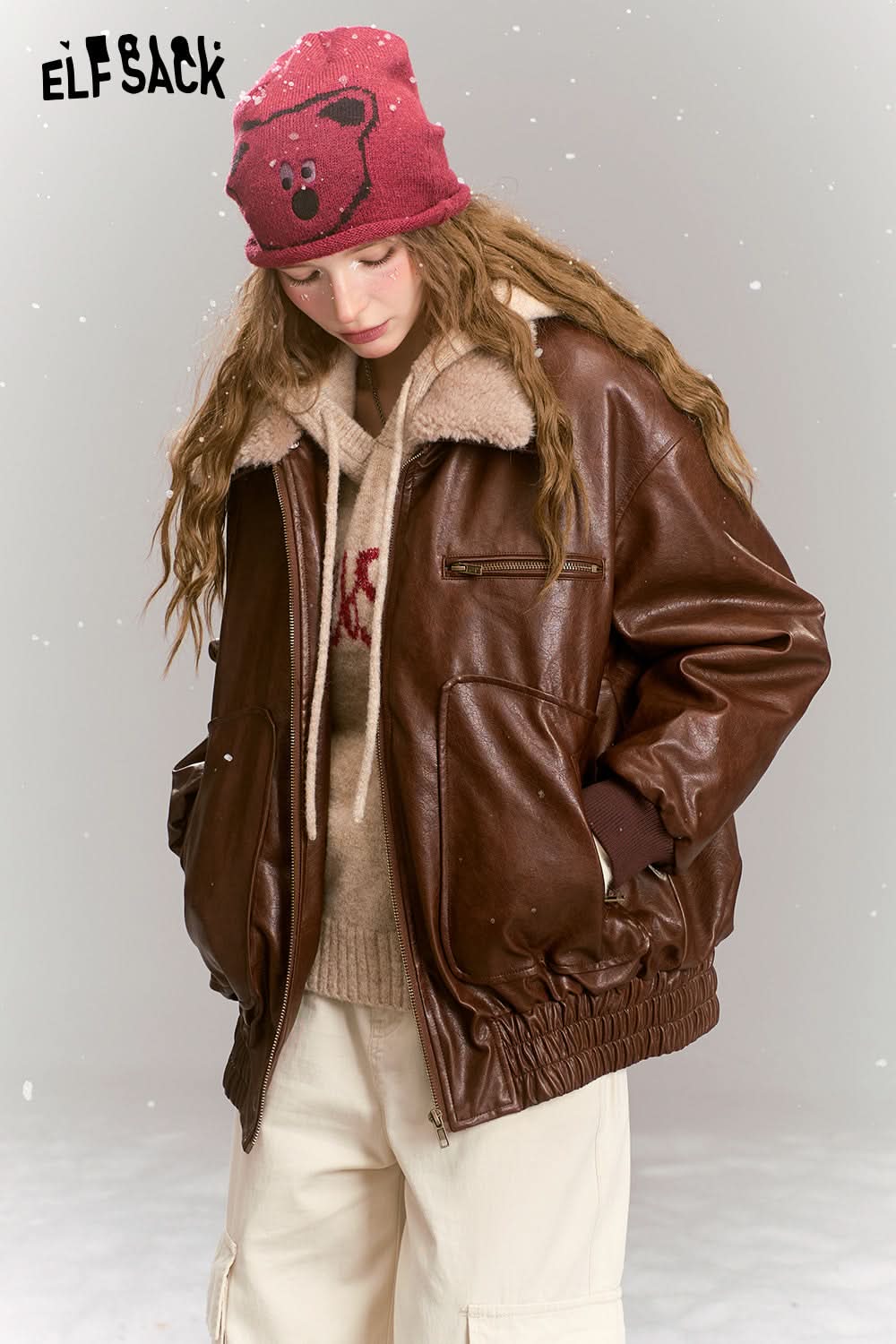 ELFSACK Vintage brown windproof pu leather jacket
