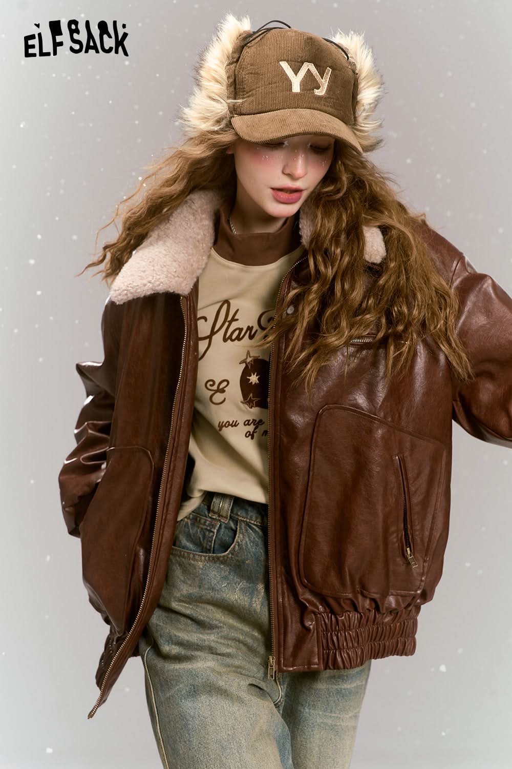 ELFSACK Vintage brown windproof pu leather jacket